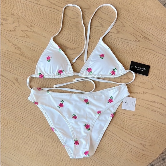 NWT Kate Spade White String Bikini Set Hot Pink Embroidered Floral Print Medium - Picture 2 of 8